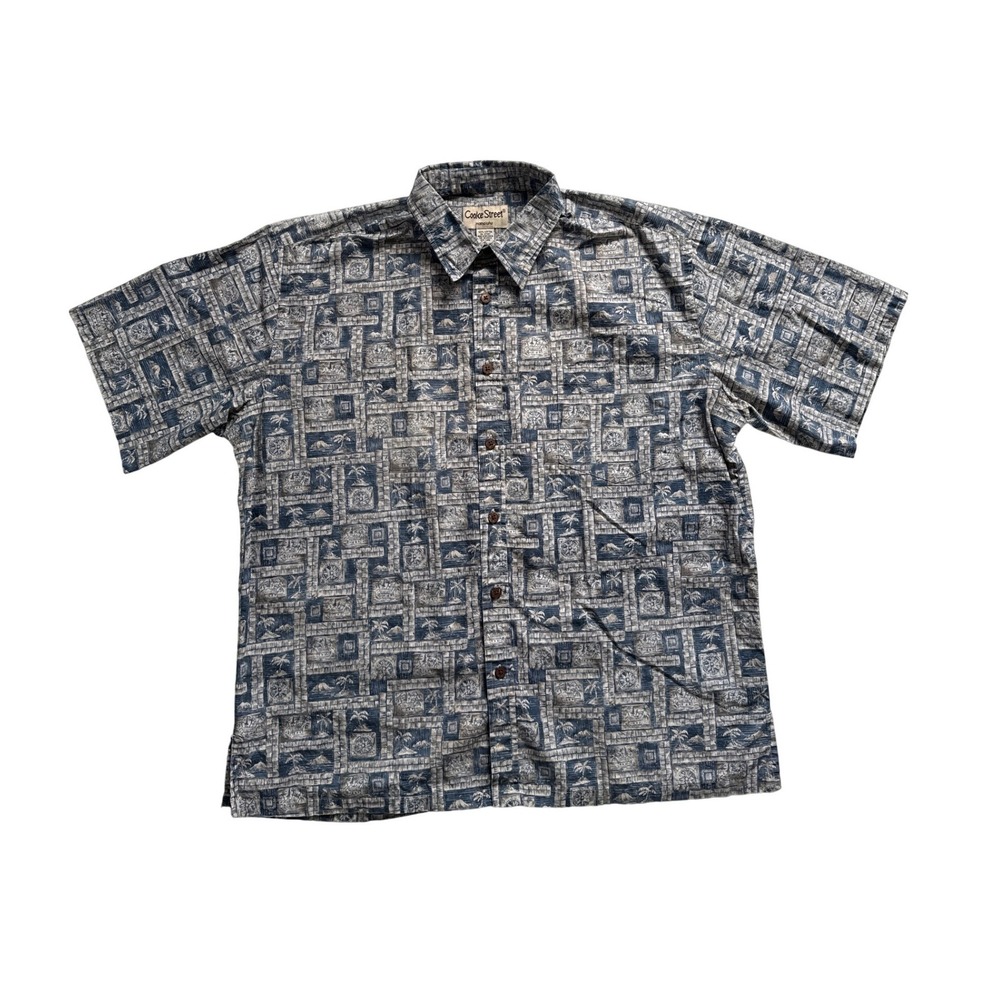 Cooke Street Honolulu Mens XL Blue Tropical Block Print Cotton Aloha Shirt